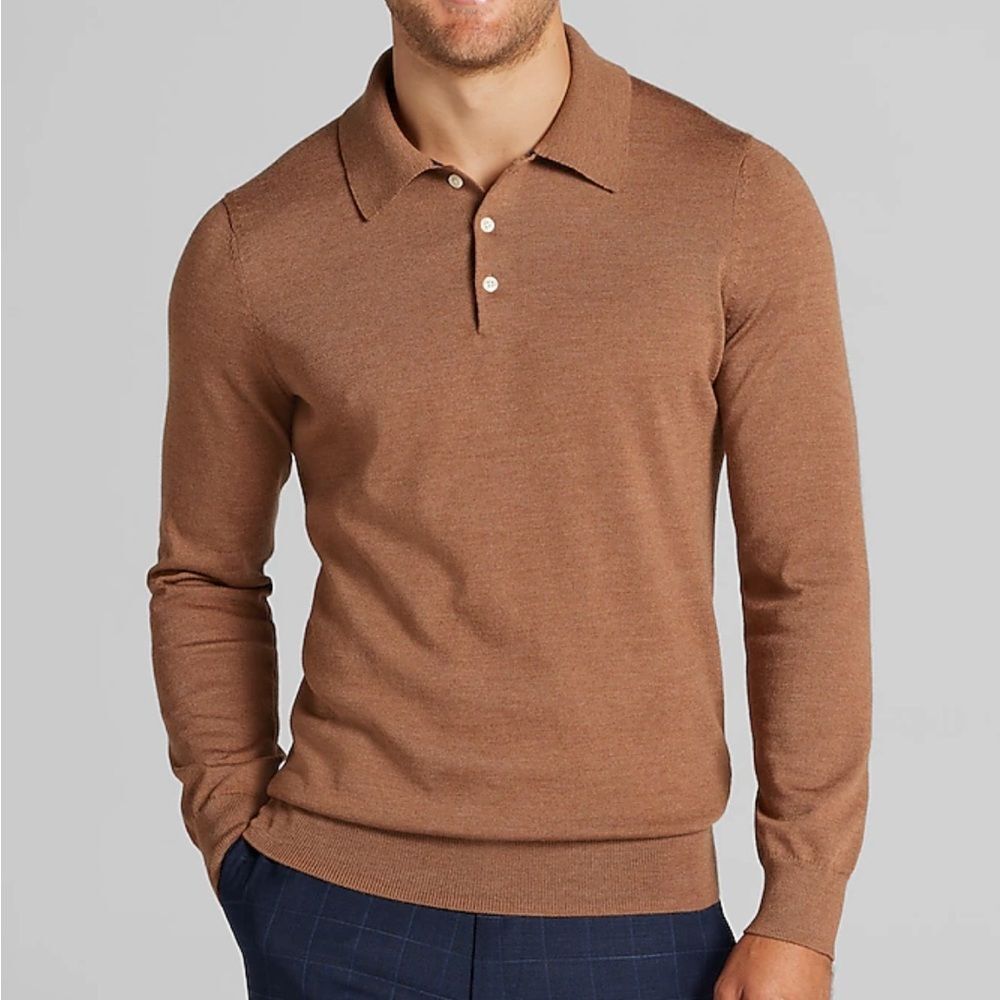 Jos. A. Bank Tan Long Sleeve Polo merino wool Shirt